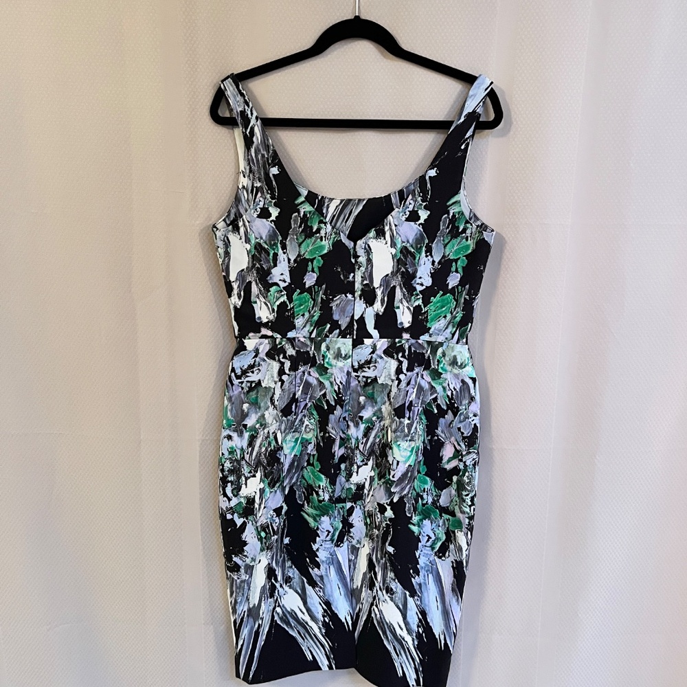 Milly Black Floral-Print Midi Dress with Green and White Brushstroke Accents - Picture 4 of 14